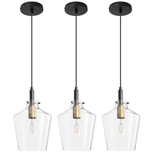 Glass Pendant Lighting for Kitchen Island 3 Pack Black Gold Clear 8 Inch (3 Count)