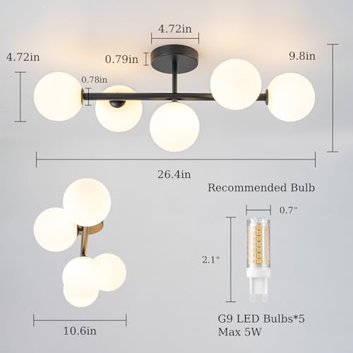 5 Light Semi Flush Mount Glass Ceiling Light Frosted Globe