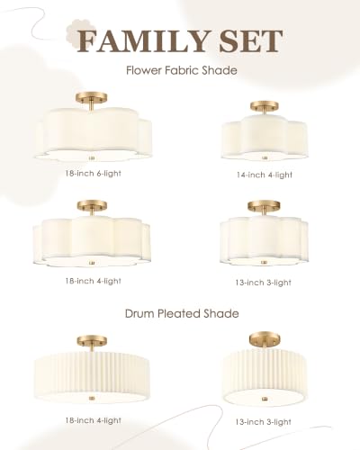 18" Gold Semi Flush Mount Ceiling Light with White Fabric Shade