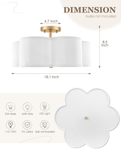 18" Gold Semi Flush Mount Ceiling Light with White Fabric Shade