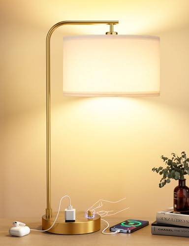 Gold Table Lamp with USB Port and Outlet