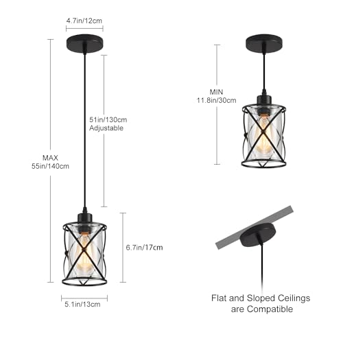 3 Lights Industrial Pendant Light with Glass Shade Matte Black Pendant Lighting Adjustable Industrial Retro Style Hanging Light