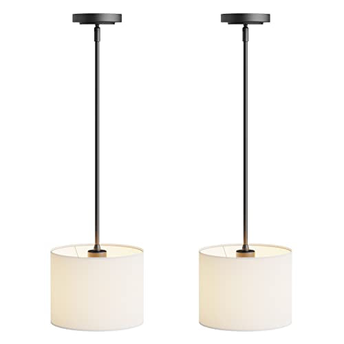 9" Dia White Linen Drum Shade Hanging Pendant Light Fixture with Black Pole Kit (2 Count)