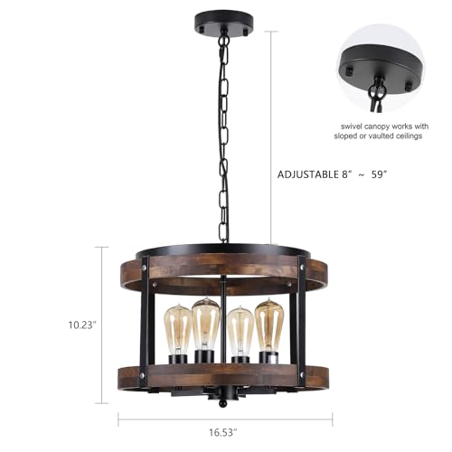4 Light Large Rustic Farmhouse Wood Pendant Light Fixture with Adjustable Chain