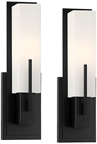 Midtown 15" High White Glass Black Wall Sconce Set of 2 Light Fixture (2 Count)