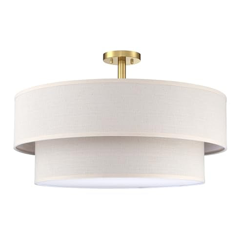 5 Light 24" Cream Fabric Gold Semi Flush Mount Close to Ceiling Light Fixture