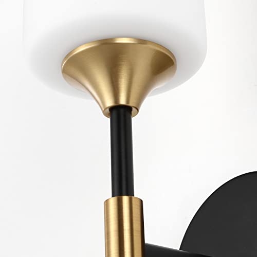 Industrial Mid Century Wall Sconce Set of 2 with White Cylinder Glass Shades Modern Bathroom Vanity Wall Lamp Black and Gold Finished Wall Light Fixture (2 Count)