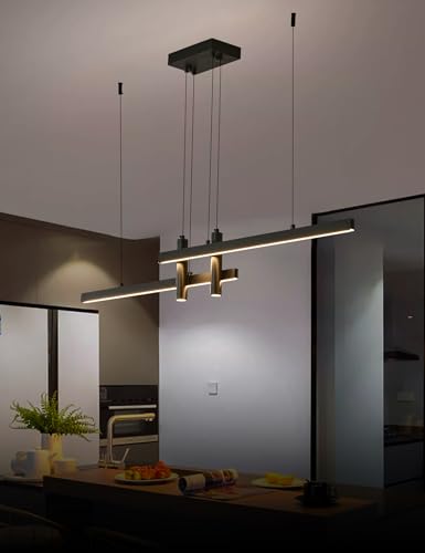 Modern Black Linear Pendant Lights Kitchen Island Lighting Minimalist Led Chandeliers Pool Table Light Dimmable Ceiling Hanging Light Fixture Dining Room with Remote Control