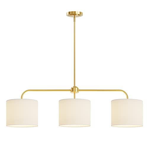 3 Light White Linen Drum Shade Chandelier with Polished Gold Metal Linear Pendant Light Fixture for Kitchen Island