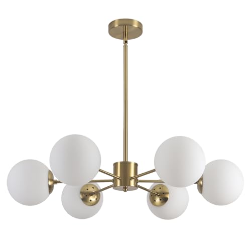6 Light White Milk Glass Chandelier Brass Gold Sputnik Ceiling Light