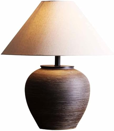 19.6'' Farmhouse Round Ceramic Table Lamp Rustic Retro Desk Lamp Brown Check Body with Off