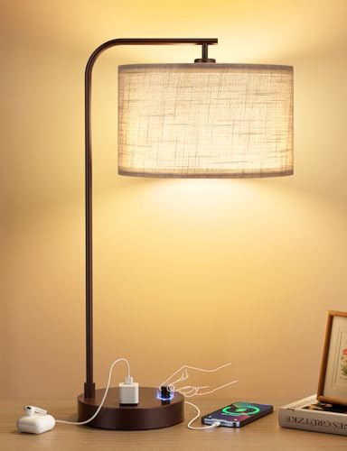 Grey Tall Lamp for Bedroom with USB Port and Outlet