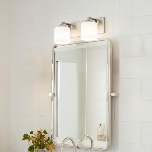 2 Light Brushed Nickel Bathroom Vanity Light with White Glass Shades