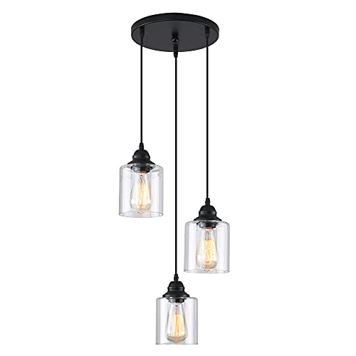 3 Lights Industrial Pendant Light with Glass Shade Matte Black Pendant Lighting Adjustable Industrial Retro Style Hanging Light