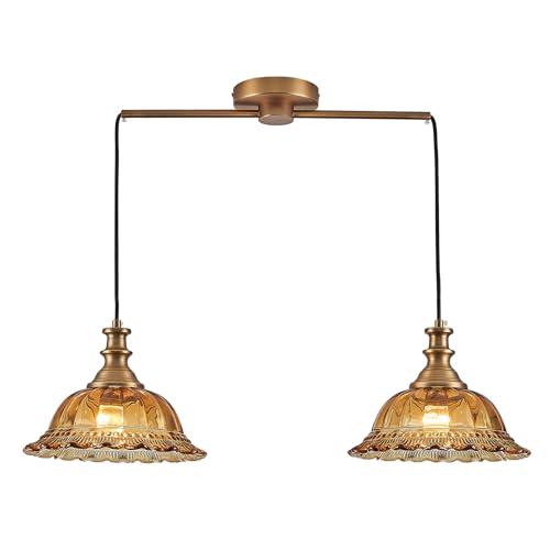 Vintage 2 Light Pendant Light Fixtures Modern Brown Glass Hanging Lighting with Adjustable Cord for Kitchen Island Dining Room Living Room Hallway (2 Count)