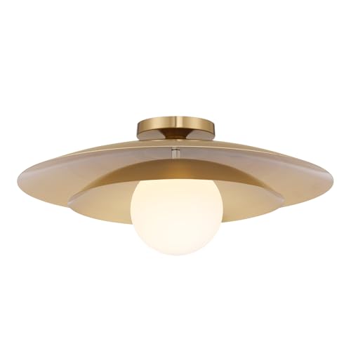 6-5564-1-322 Sherrer Mid-Century Modern White Opal Glass Semi-Flush, 1-Light 60 Watt, 9" H x 20" W, Warm Brass