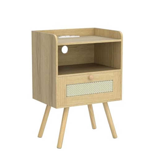 Nightstand with Charging Station & Rattan
