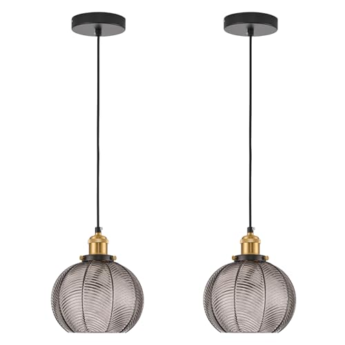 Vintage Smoke Gray Glass Pendant Lights for Kitchen Island 2 Pack