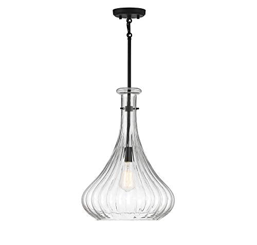 7-2265-1-89 Bristo Industrial Clear Fluted Glass Pendant, 1-Light 60 Watt, 20" H x 14" W, Matte Black