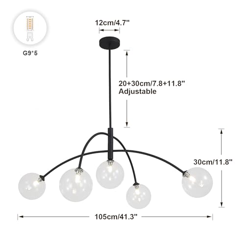 Mid Century Modern Sputnik Chandelier Adjustable 5 Light Pendant Light Fixture Clear Glass Black Ceiling Chandelier for Dining Room Kitchen Bedroom