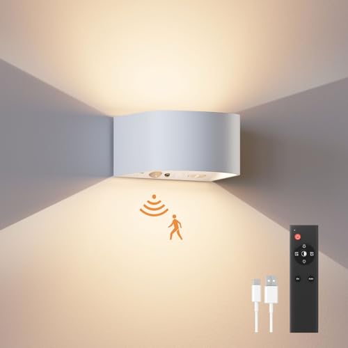 Motion Sensor Wall Light with Remote Control 3 Colors Wireless Wall Lamp LED Indoor Up and Down Wall Sconce 5000mAh Rechargeable Battery Powered Wall Lamps Brightness Adjustable