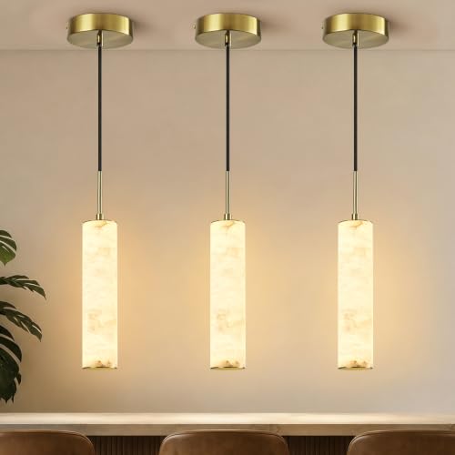 Gold Natural Alabaster Long Tube Kitchen Island Pendant Lights (3 Count)