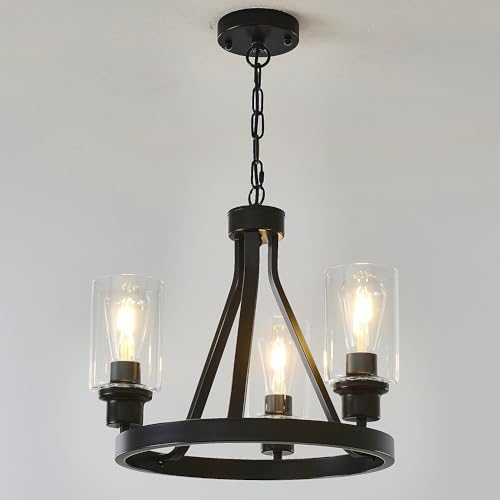 Black Farmhouse Chandelier Lighting Round 3 Lights with Glass Shade Ceiling Hanging Vintage Rustic Light Fixture for Dining Room Living Room Foyer Porch Kitchen Island