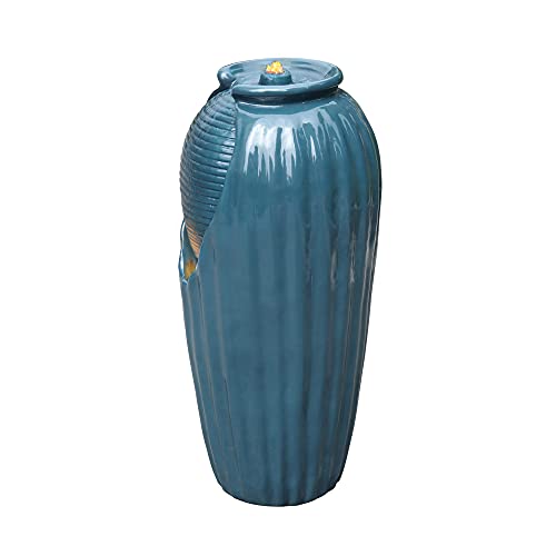 32 in. Outdoor Contemporary Glazed Contoured Vase Water Fountain with LED Lights to Create a Calming Oasis in Gardens and Landscaping