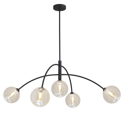 5 Light Modern Brass Chandelier Fixture Globe Glass Shade Pendant Light Black Kitchen Large Chandelier for Dining Room Kitchen Bedroom