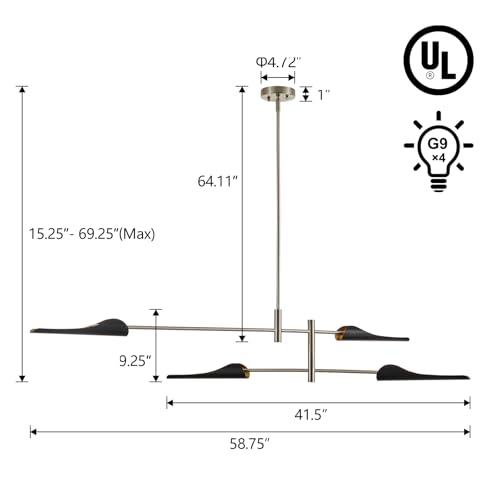 59" Industrial Pendant Light Contemporary Farmhouse Chandelier with Brushed Nickel Finish Modern Pendant Lighting Fixture for Dining Room Living Room Kitchen Island Bedroom