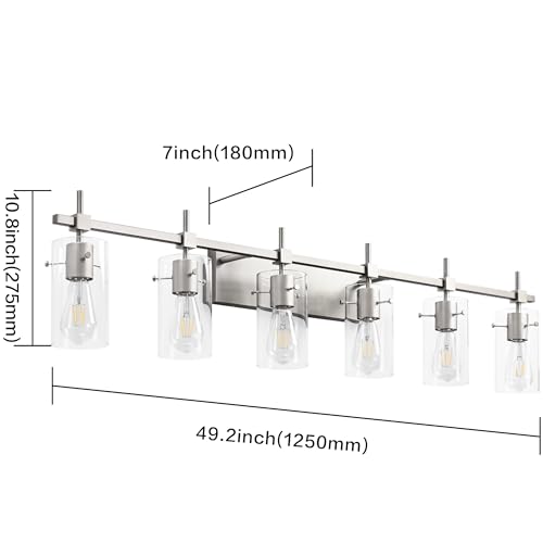 49.2 inch 6 Lights Vanity Light fixtures for Bathroom Vintage Bathroom Light Fixture Brushed Nickel Light Fixtures Above Mirror with Glass Shade