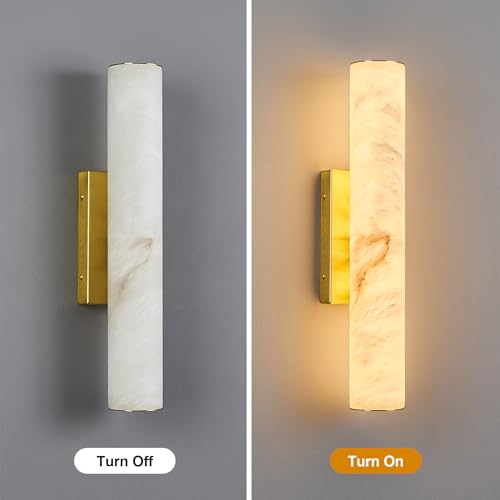 Natural Alabaster Wall Sconces Spanish Marble Wall Light Cylinder Modern Gold LED Sconce for Living Room Bedroom Bathroom Stairs（S