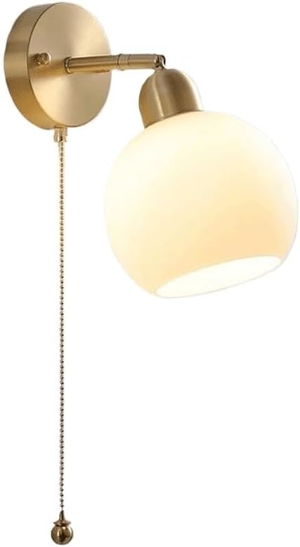 Japanese Wabi-sabi Style Glass Wall Lamps with E26/E27 Base Three-Color Dimmable Full Copper Wall Sconces Vintage Simple Bedroom Bedside Zipper Switch Wall Light(Style 2)