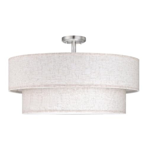 2 Tier 24" Cream Drum Fabric 5 Light Brushed Nickel Semi Flush Mount Ceiling Light for Living Room Dining Room Bedroom Hallway