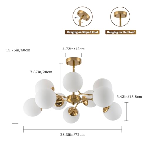 10 Light Sputnik Ceiling Light Milk Glass Globe Chandelier for Living Room