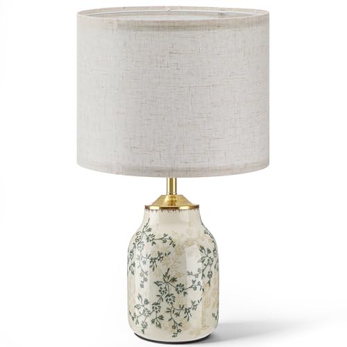 1 Pcs 21" Vintage Green Ceramic Lamp with Beige Linen Shade
