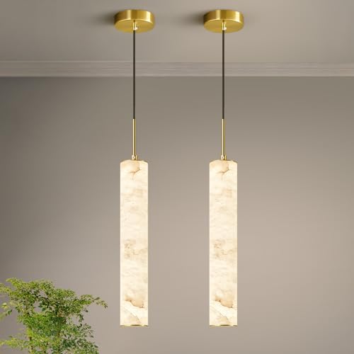 Natural Alabaster Pendant Lights for Kitchen Island White Marble Long Tube Chandelier 4000K Modern Gold Ceiling Light Fixtures for Bedroom Dining Room Table Living Room Hallway (2 Count)
