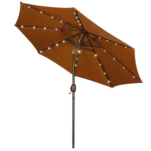 9 ft Solar Umbrella 32 LED Lighted Patio Umbrella Table Market Umbrella with Tilt and Crank Outdoor Umbrella for Garden
