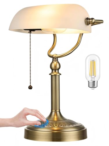 White Matted Stepless Dimmable Glass Bankers Desk Lamp