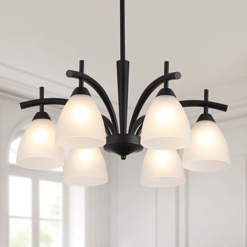 Modern Farmhouse Black Frosted Glass Chandelier Rustic Kitchen Light Fixtures 6 Lights for Dining Room Living Room Foyer Entryway Bedroom UL Listed D25.6 Inches