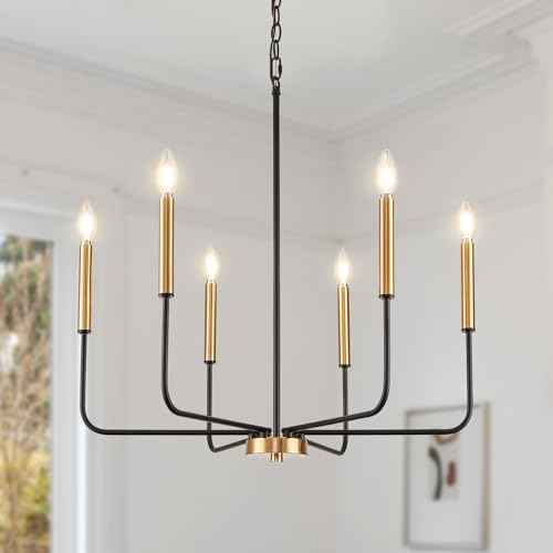 6-Light Black and Gold Dining Room Chandelier Light Fixture | Modern Farmhouse, Height Adjustable, Hanging Lights with Chain, For Living Room, High Ceiling Entryway, Bulbs Not Included
