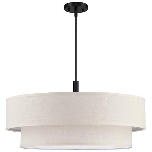 6 Light 26 Inch Cream Fabric Shade Hanging Pendant Ceiling Light Fixture