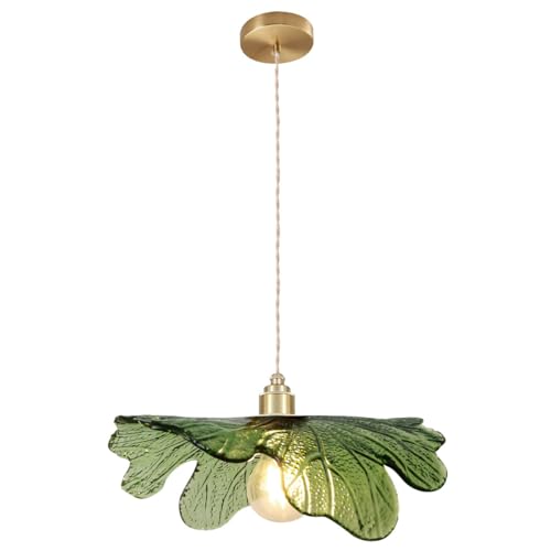 15.7" Green Glass Floral Ceiling Pendant Light Mid Century Large Hanging Light Gold Adjustable Cord Single Pendant for Kitchen Living Room Dining Table