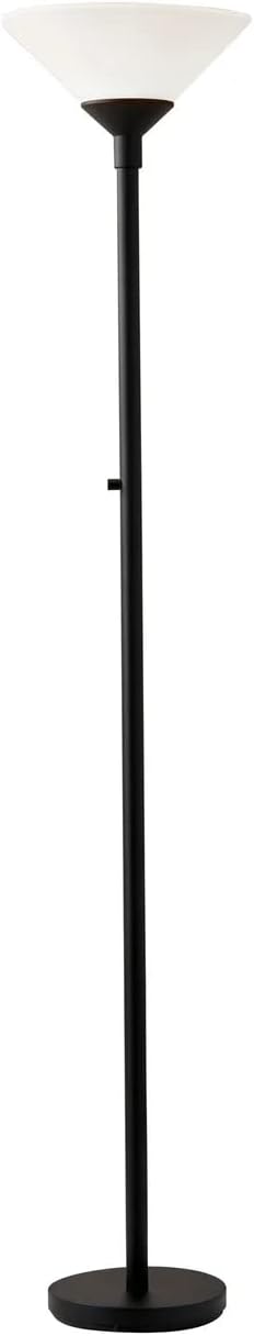 Adesso Black Torchiere Floor Lamp with Frosted White Shade - 300W Double Socket Construction, Modern Accent Lighting for Bedroom, Living Room, or Home Office, 73” Tall