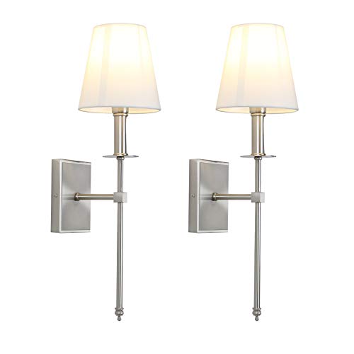 Set of 2 Classic Rustic Industrial Wall Sconce Lighting Fixture with Flared White Textile Lamp Shade and Brushed Tapered Column Stand (2 Count)