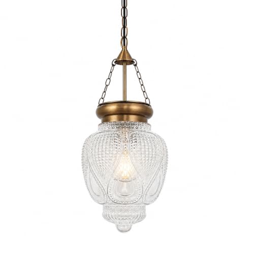 Vintage Brushed Gold Pendant Light with Clear Heavy Thick Glass