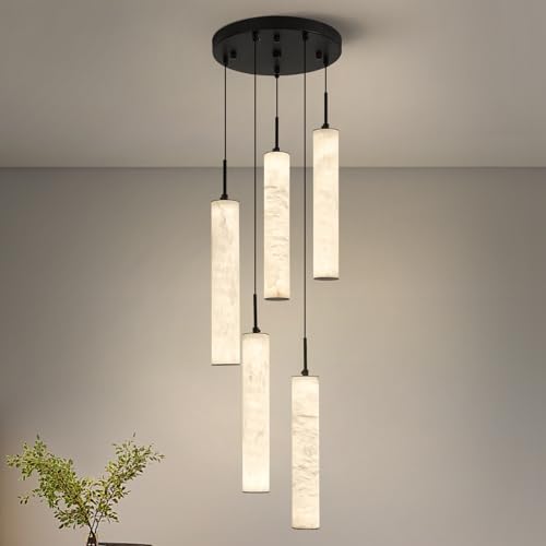 Natural Alabaster Pendant Lights for Kitchen Island White Marble Long Tube Chandelier 4000K Modern Black Ceiling Light Fixtures for Bedroom Dining Room Table Living Room Hallway