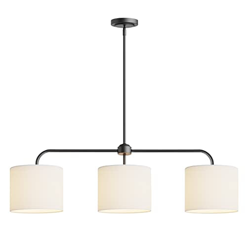 40" W 3 Light White Linen Drum Shade Chandelier with Black Metal Linear Pendant Light Fixture for Kitchen Island