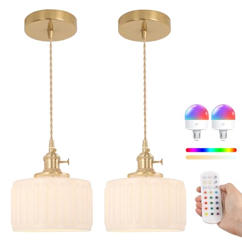 Battery Operated Pendant Light 5000mAh Rechargeable Chandelier with Remote Control Wireless Adjustable Hanging White Striped Light for Kitchen Island Dining Room Hallway (2 Count)