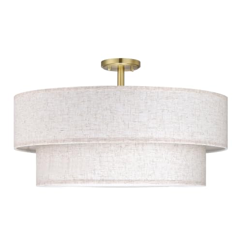 2 Tier 24" Cream Drum Fabric 5 Light Gold Semi Flush Mount Ceiling Light for Living Room Dining Room Bedroom Hallway